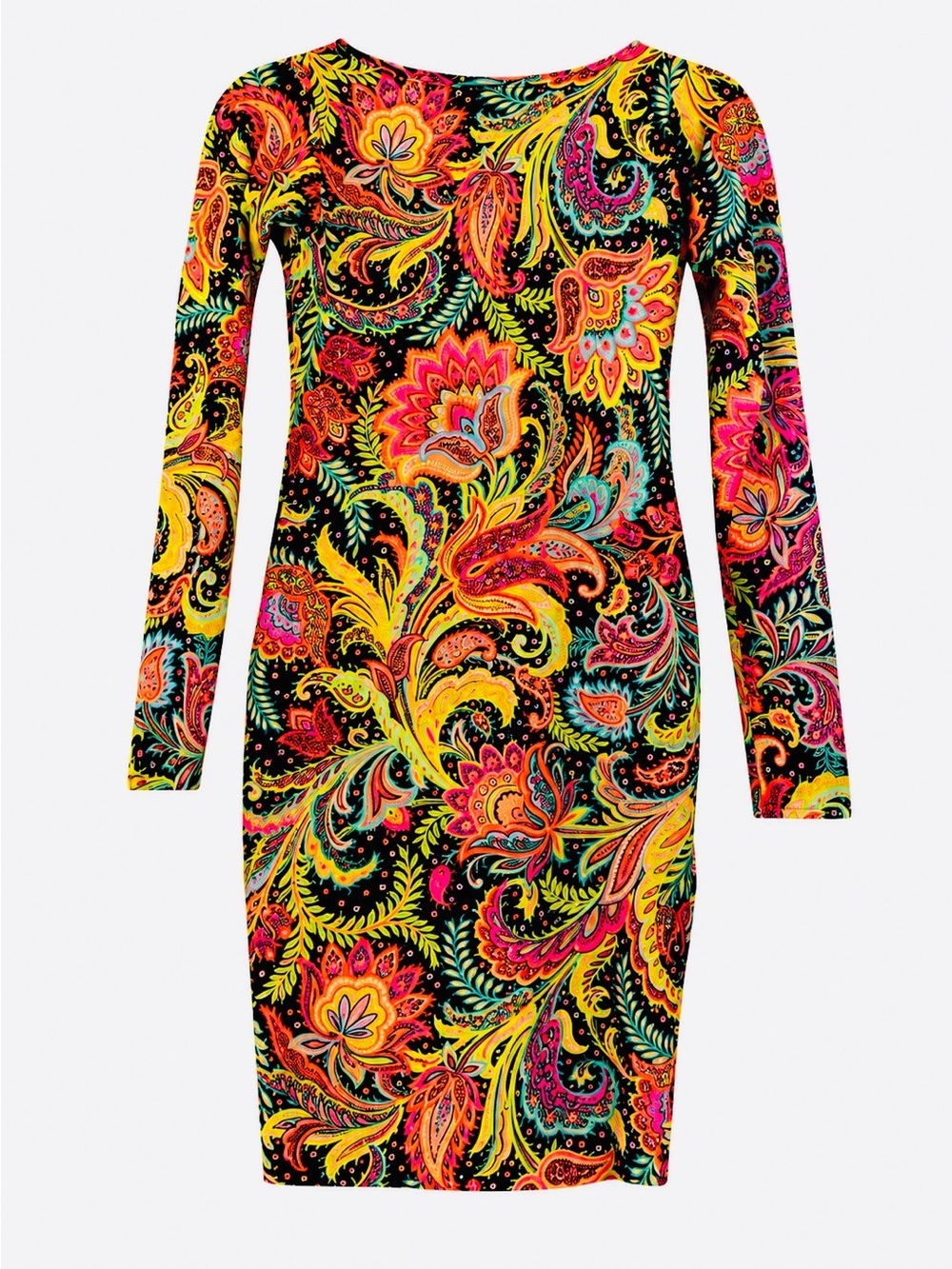 Long-Sleeve Paisley Bodycon Mini Dress - Black with Pink & Yellow Accents